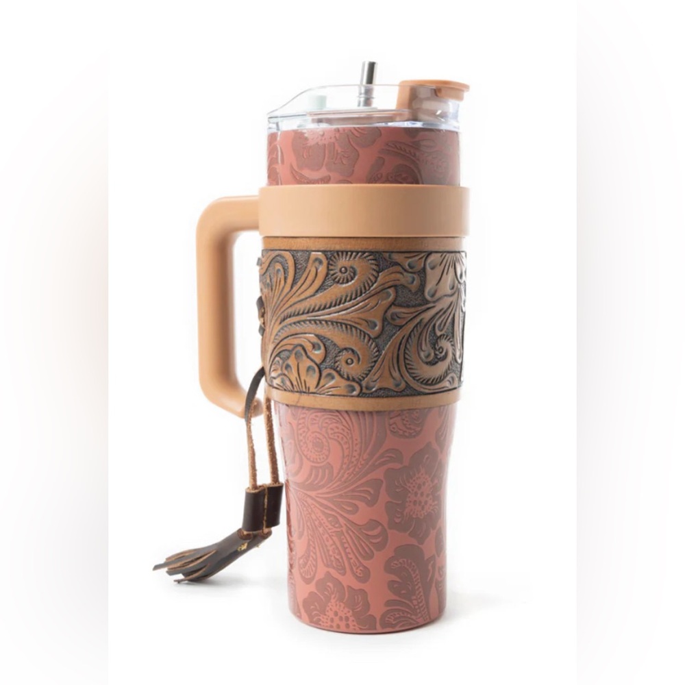 NWT Myra Western Travel Mug with Red Lid and Handle Hand Tooled Leather Wrap